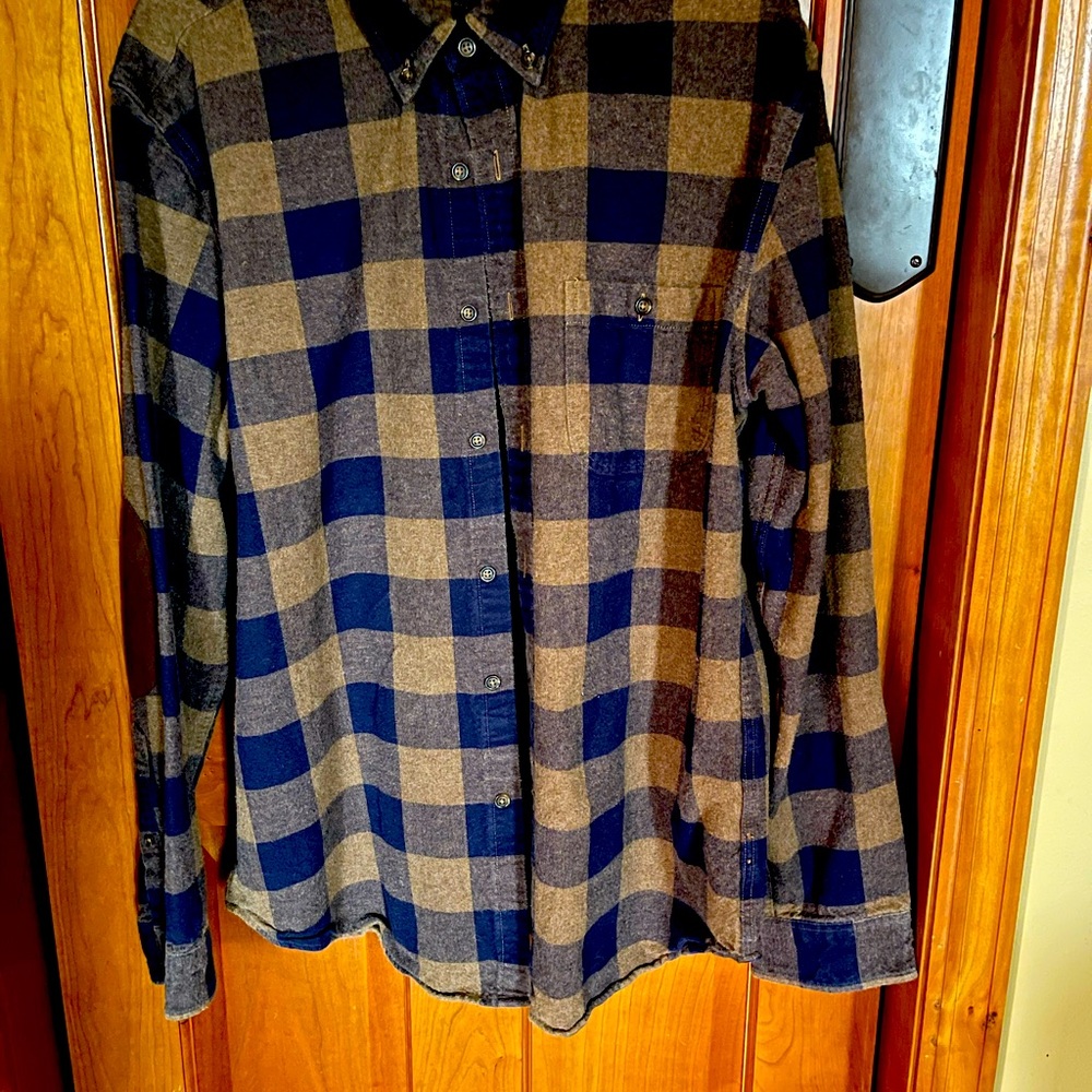 Men’s J. Crew plaid cognac and navy flannel shirt XL